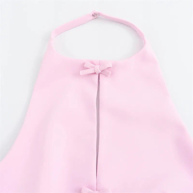 Women's Bows Halter Neck Solid Tank Top Low Waist Mini Skirt Two Piece Set