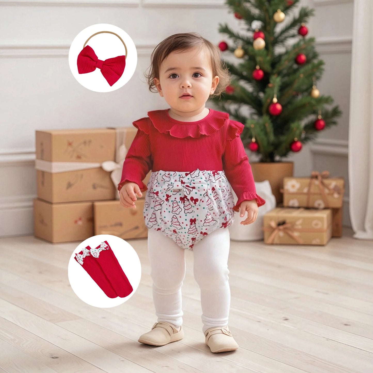 Baby Girls Christmas Romper Set - Santa Tree Bow Print Long Sleeve Ruffle Jumpsuit with Headband & Socks