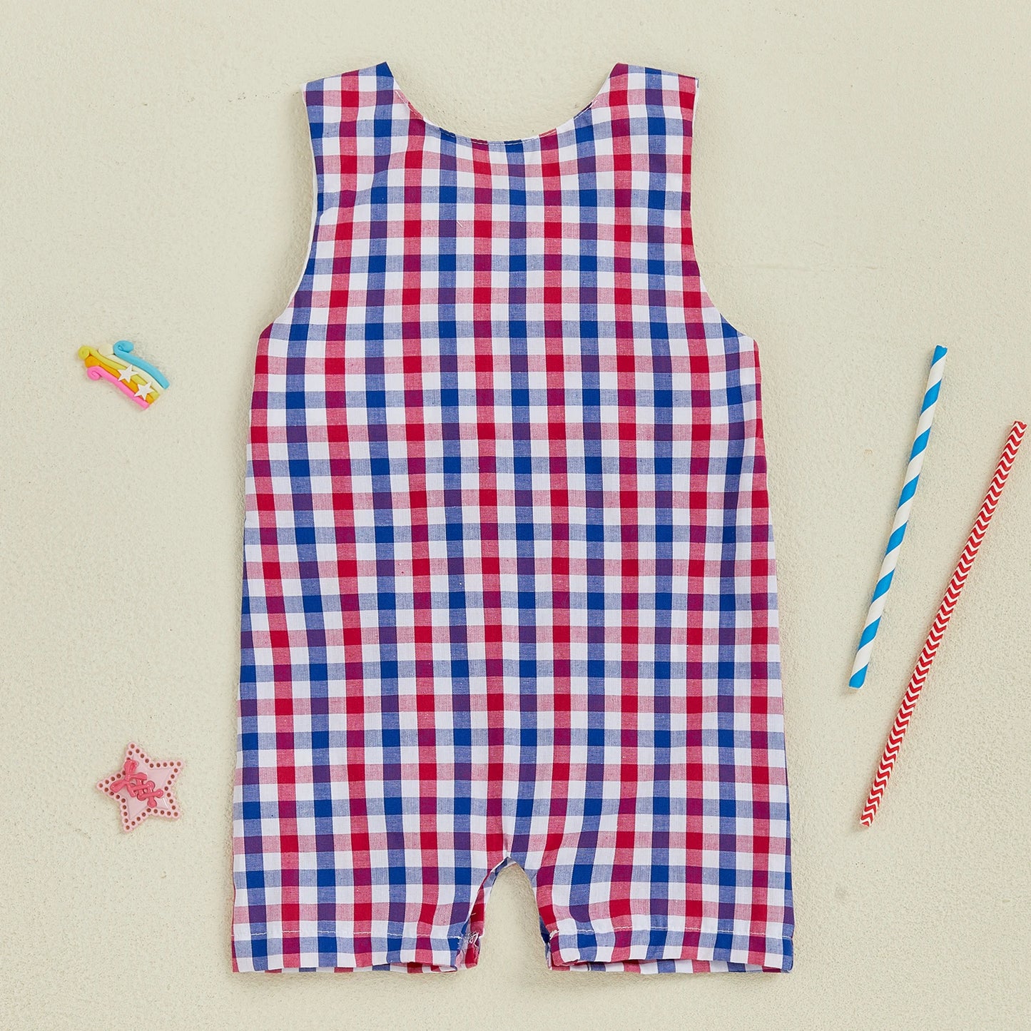 Baby Boys Independence Day Star Embroidered Romper - Plaid Print Sleeveless Overall (0-18M)