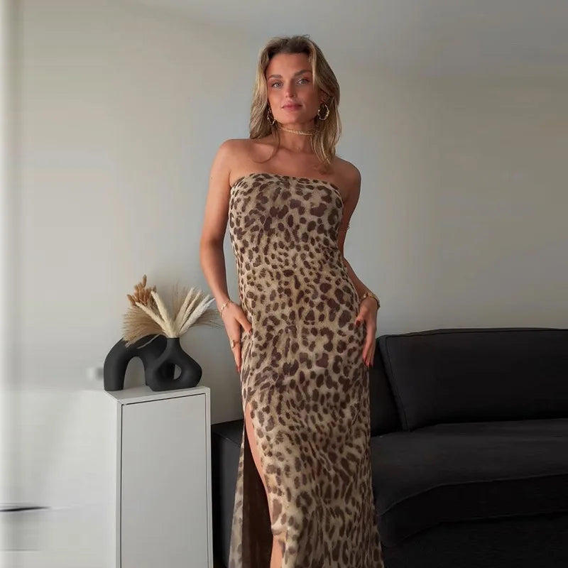 Women's Vintage Leopard Print Straps Long Slip Backless Dress