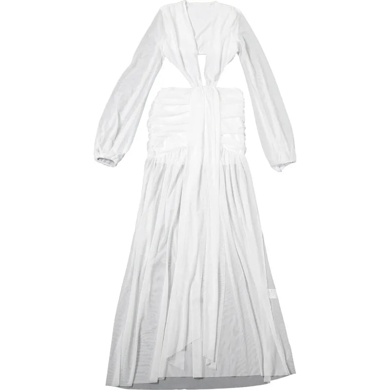 Women's Backless Draped V-Neck Maxi Dress - Ruched Mesh Long Sleeve Gown