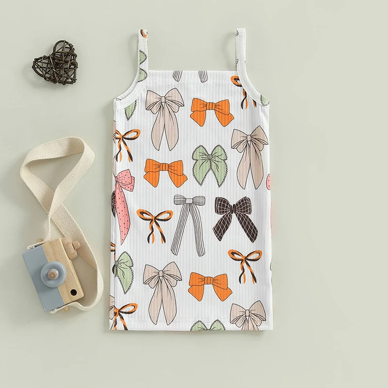 0-4Y Kids Girls Summer Dress Sleeveless Strap Bow Print Spaghetti Slim Fit Sundress for Beach