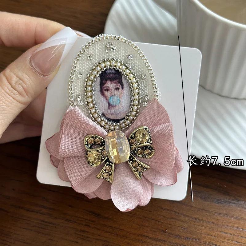 Rhinestone Pearl Badge Brooches - Pink Fabric Bow Lapel Pin for Women