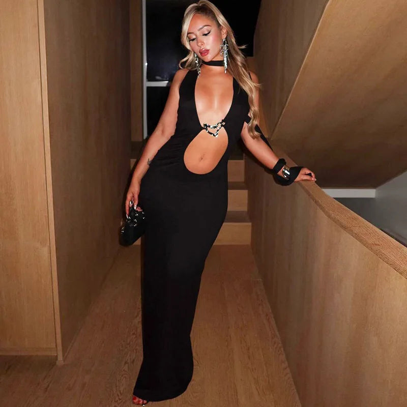 Women's Embellished Plunge Halter V Neck Maxi Outfit Club Party Cut Out Bodycon Dress