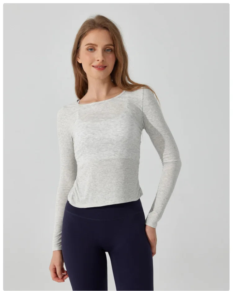 Women's Long Sleeve Yoga Shirt Slim Fit Gym Top Breathable Ribbed Gym Running Top Workout Sportswear