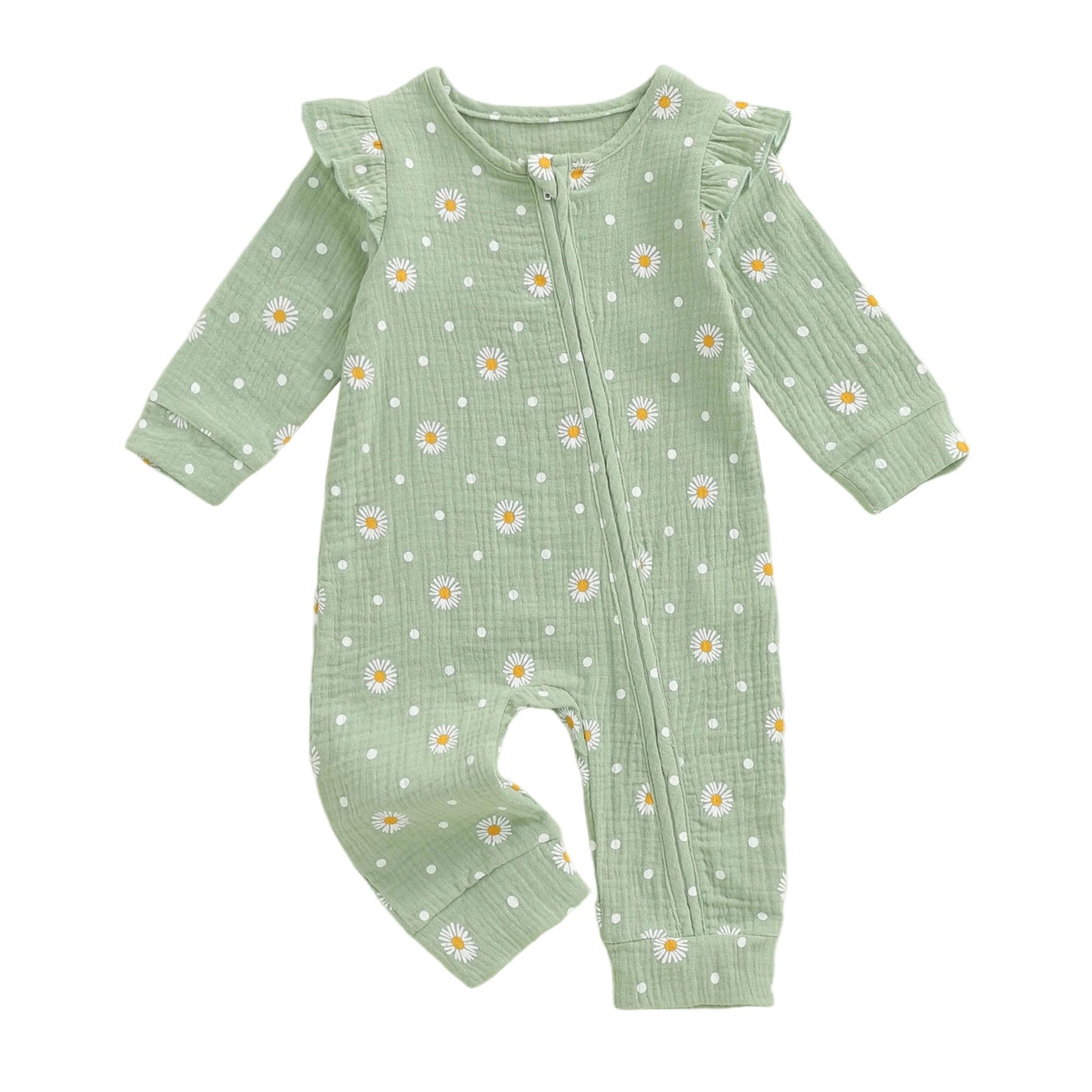 Baby Girls Fall Jumpsuit - Long Sleeve Flower Print Zipper Romper (0-18M)