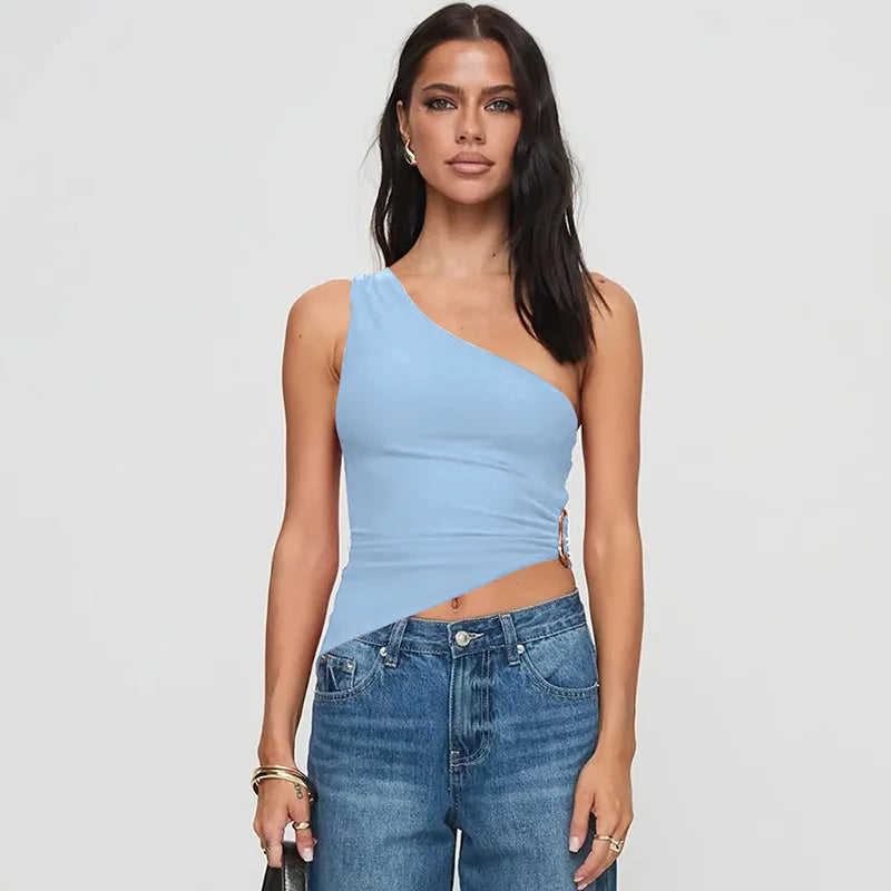 Women's Summer One Shoulder Backless Basic Asymmetrical Crop Top Tank Ruched Top