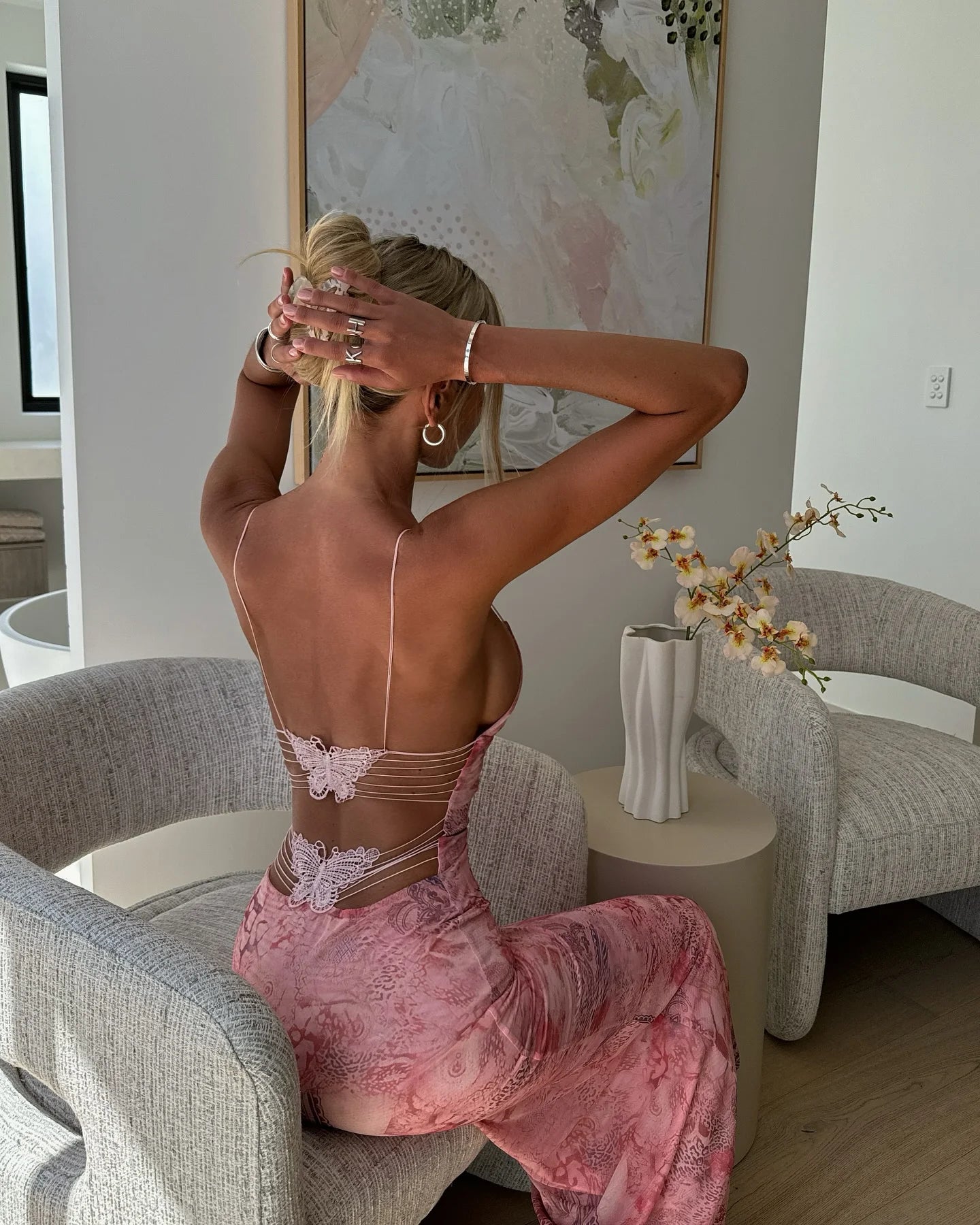 Women's Maxi Backless Butterfly Print Sleeveless Thin Line Summer Party Dress