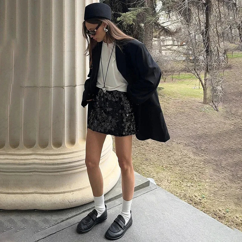 Women's High Waisted Sequins Skirt - Hip Wrap Mini Splice Glitter Skirt