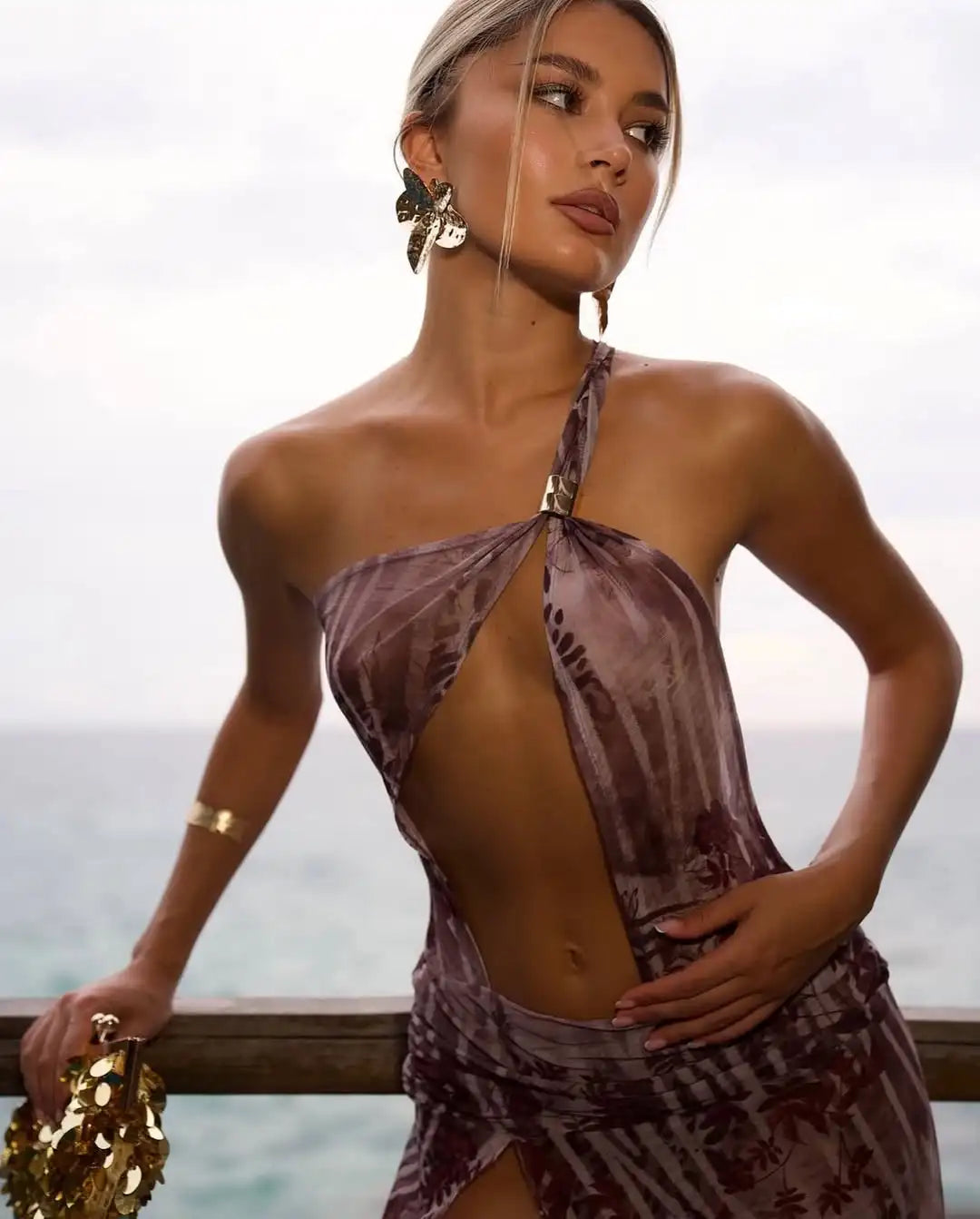 Women's One Shoulder Swimwear with Skirt Sleeveless Hollow Out Long Dress Swimsuit Summer Beach Dress