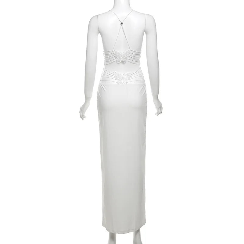 Women's Maxi Backless Butterfly Print Sleeveless Thin Line Summer Party Dress