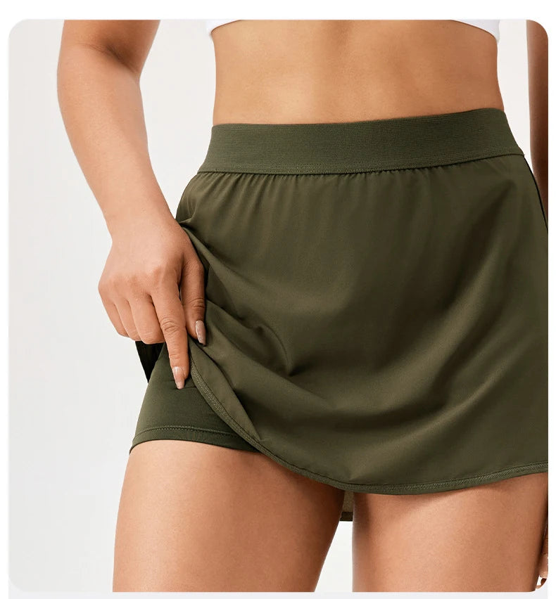 Women's Tennis Skirt Solid Color 2 In 1 Running Skirt Breathable Quick Dry Gym Yoga Short Workout Sportswear