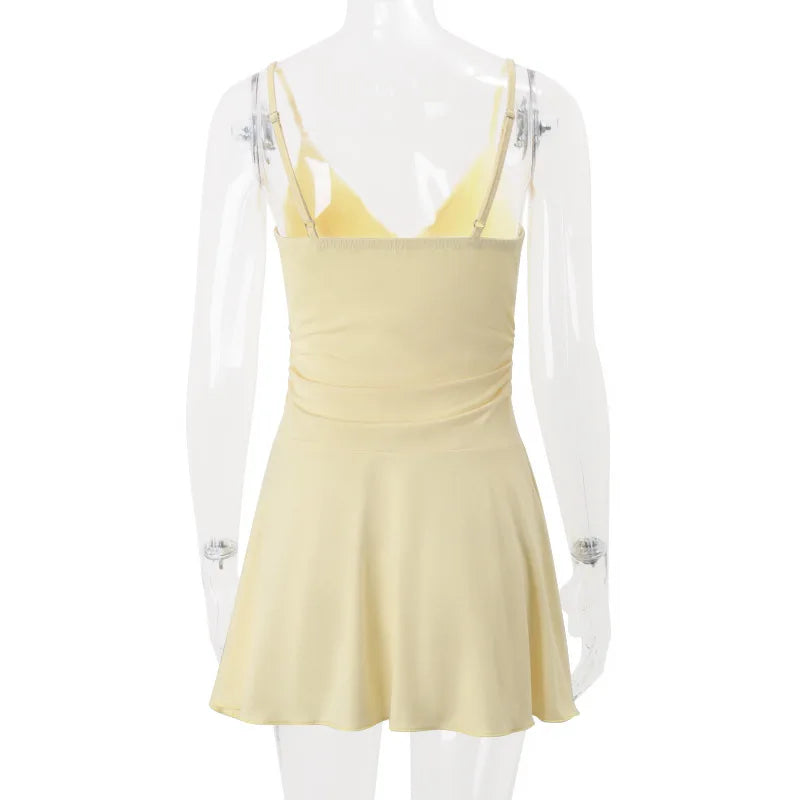 Women's Plunge V Neck Slip Mini Party Club Outfits Backless Yellow A-Line Short Dress