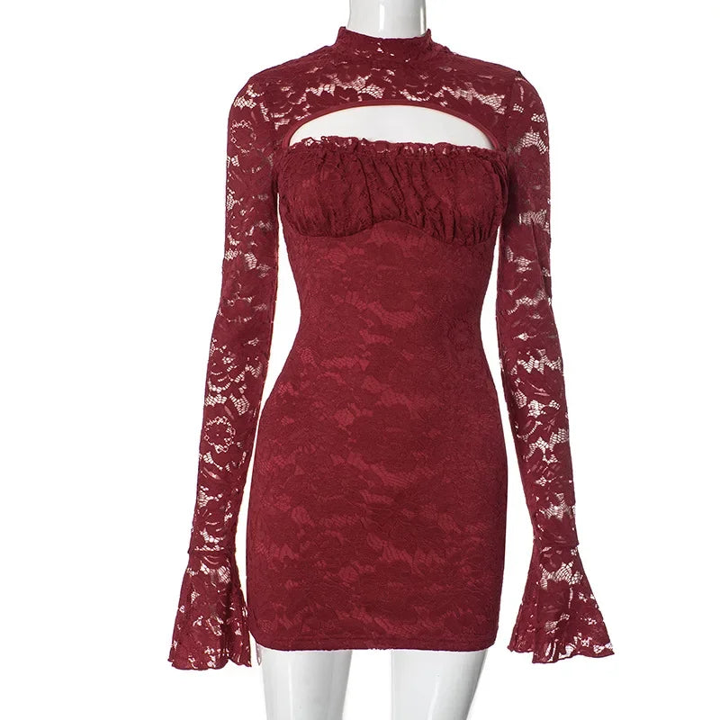Women's Lace Splice Chest Hollow Dress Women's Tight Waist Flare Sleeve Mini Dress Outfit