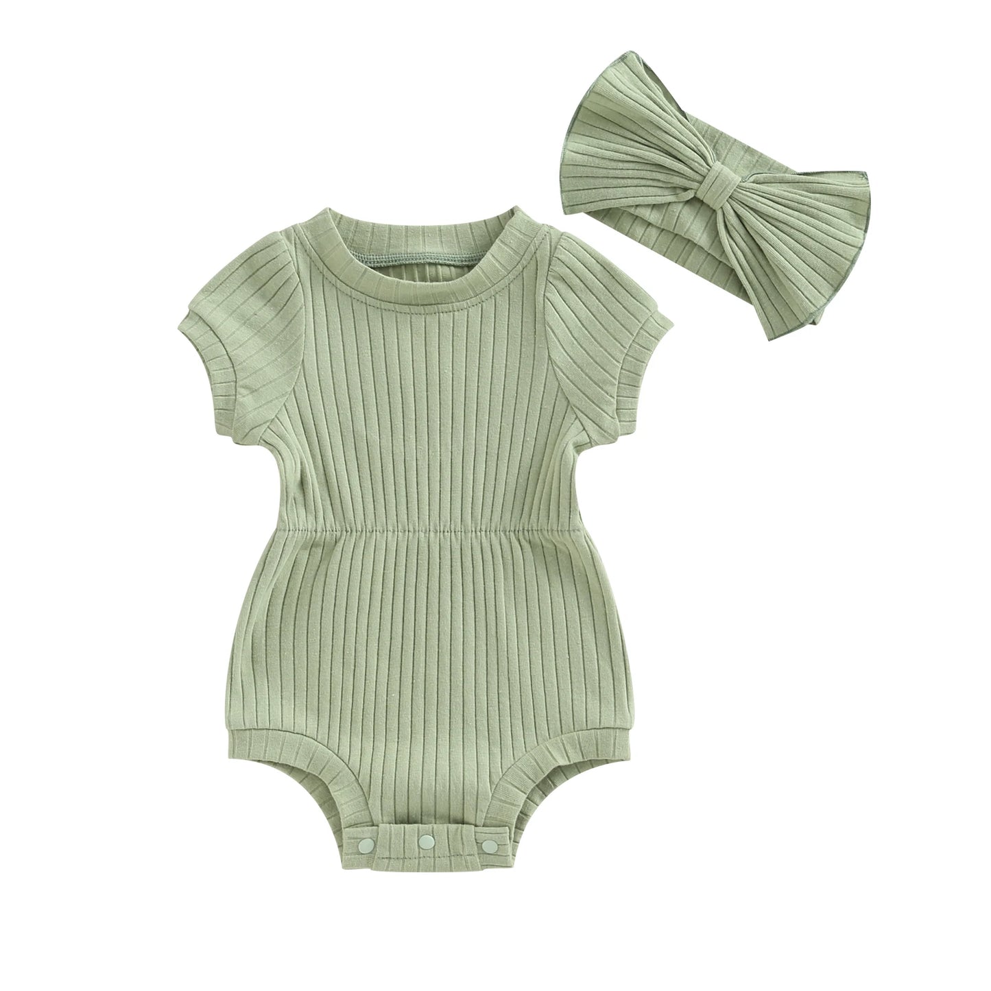 Newborn Baby Girl Romper Set - Short Sleeve Jumpsuit with Bow Headband (3 Colours)