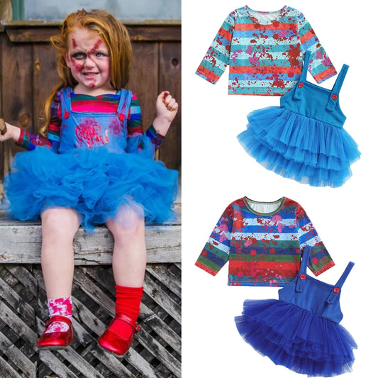 Girl's Halloween Outfit Set - Stripe Print Top & Lace Tulle Suspender Skirt