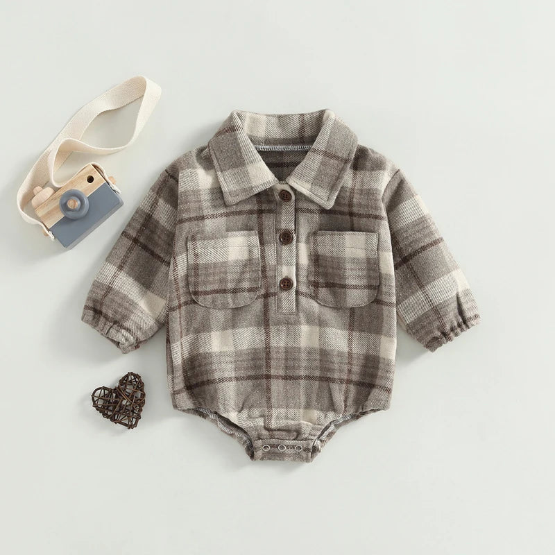 0-24M Infant Baby Boys Gentlemen Romper - Long Sleeve Turn Down Collar Plaid Printed Jumpsuit