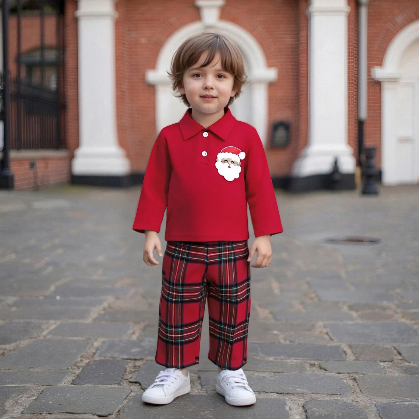 Toddler Kids Boy Christmas Clothes Set - Santa Embroidery Long Sleeve Lapel Pullover & Elastic Waist Plaid Pants