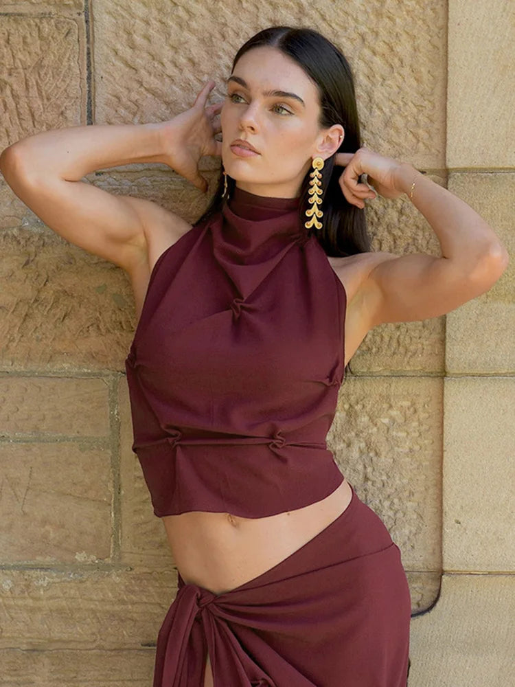 Women's Halter Lace Up Backless Tanks Top Camis Sleeveless Pleated Top