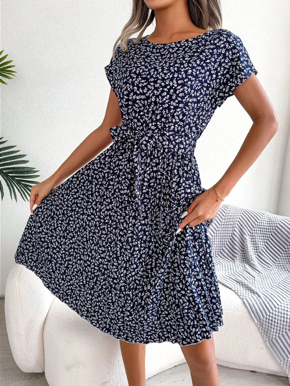 Women's Floral Pleated A Line Long Spring Summer Short Sleeve High Waist Chic Dress