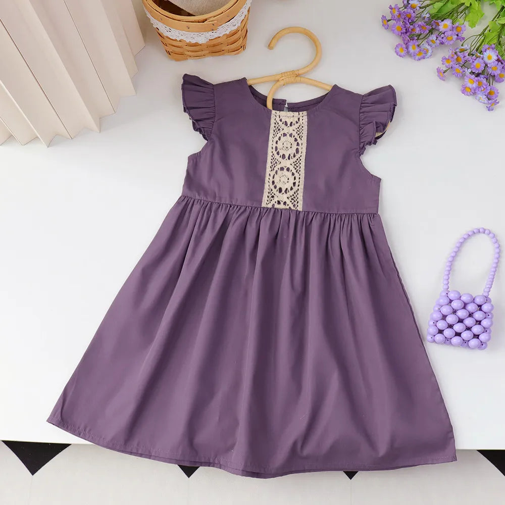 Girls Purple Lace Dress - Flying Sleeve Summer Dress with Patchwork Detail