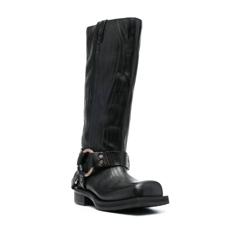 Women's Blue Cowboy Metal Ring Motorcycle Boots Belt Buckle Design 3.5cm Thick Heel Knight Boots Women's Square Head Fashion Boots 34-44