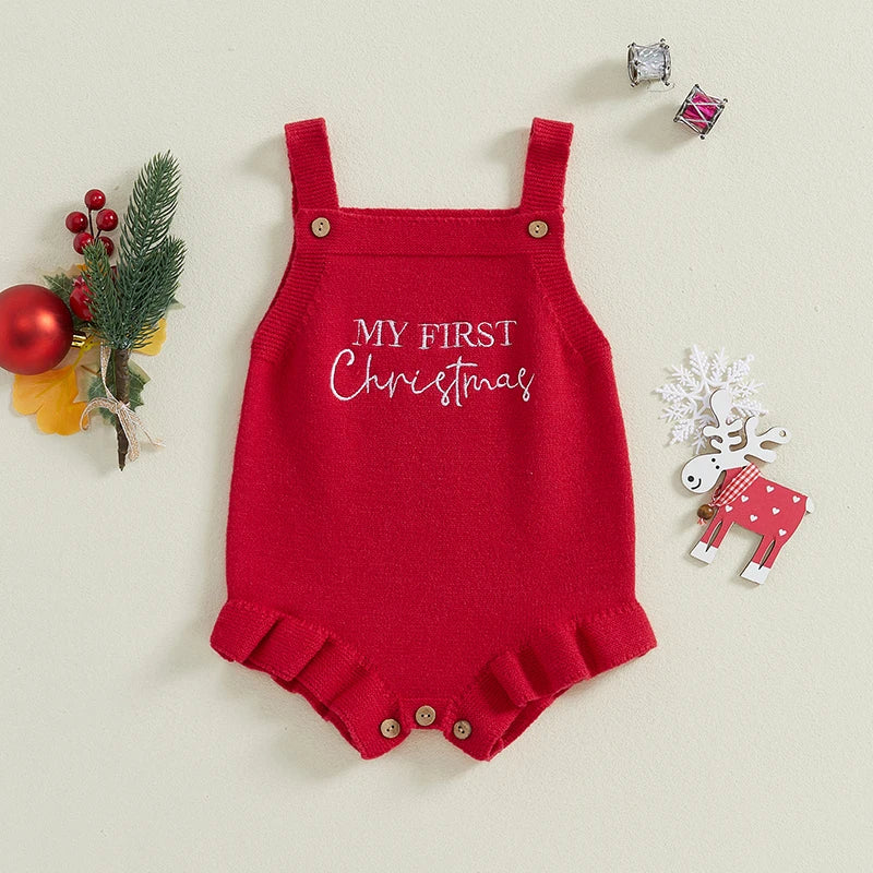 Baby Girl's Knit Romper - Sleeveless Square Neck Letter Embroidery Ruffle