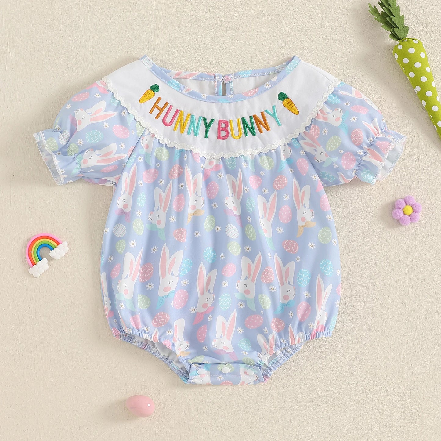 Lovely Baby Easter Romper - Short Sleeve Rabbit Print Bodysuit (0-18M)