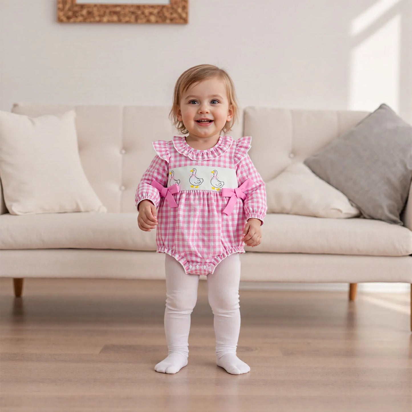 Baby Girls Plaid Bubble Romper - Duck Embroidery Long Sleeve Jumpsuit (0-18M)