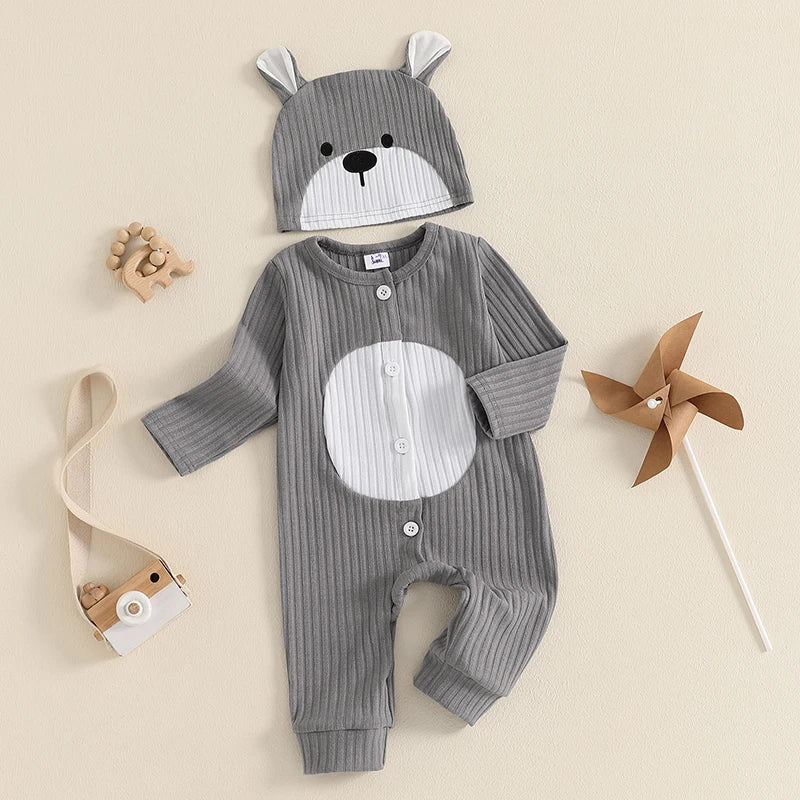 0-18M Newborn Baby Boys Romper Animal Cartoon Print Long Sleeve Crew Neck Full Length Button Down Jumpsuit with Hat