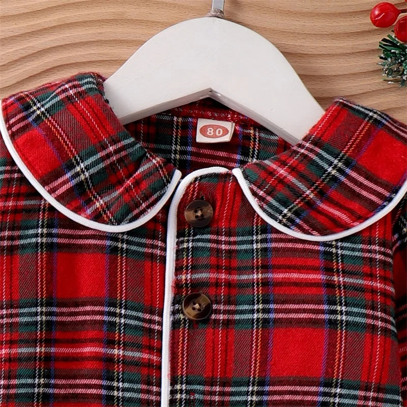 Kids Christmas Pajamas Set - Plaid Print Turn Down Collar Shirt & Pants