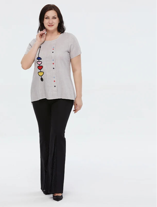 Women's Summer Cotton Linen Oversized Short Sleeve Sequins Button Top