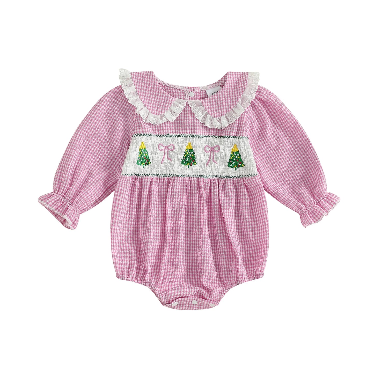 Baby Plaid Print Romper - Long Sleeve Bow Embroidery Doll Collar Jumpsuit