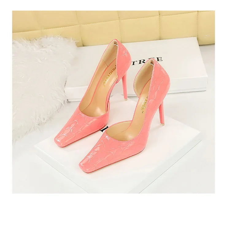 Women's Patent Leather Stone Pattern High Heels Square Head Stilettos Shoes