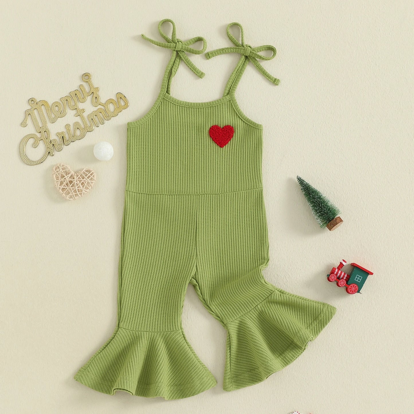 Toddler Girls' Christmas Flare Pants Romper - Heart Embroidery Sleeveless Bell Bottom Overalls