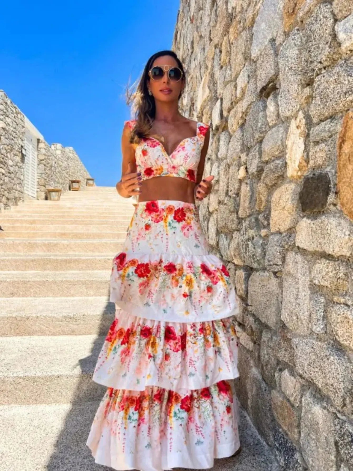 Women's Print Beach Two Piece Skirt White Bra High Waist A-line Long Skirt Beach Set