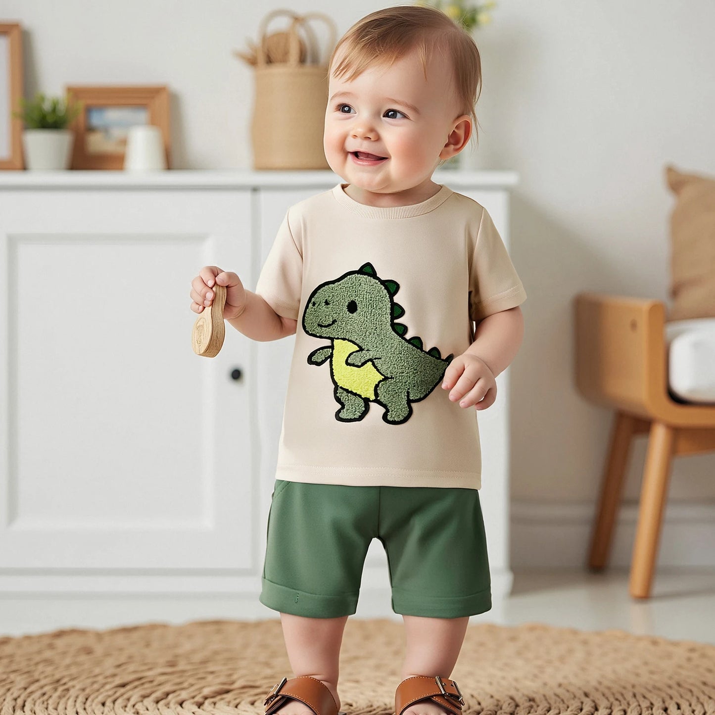 0-3Y Toddler Baby Boys Clothes Set Dinosaur Embroidery Short Sleeve T-shirts Solid Elastic Waist Shorts