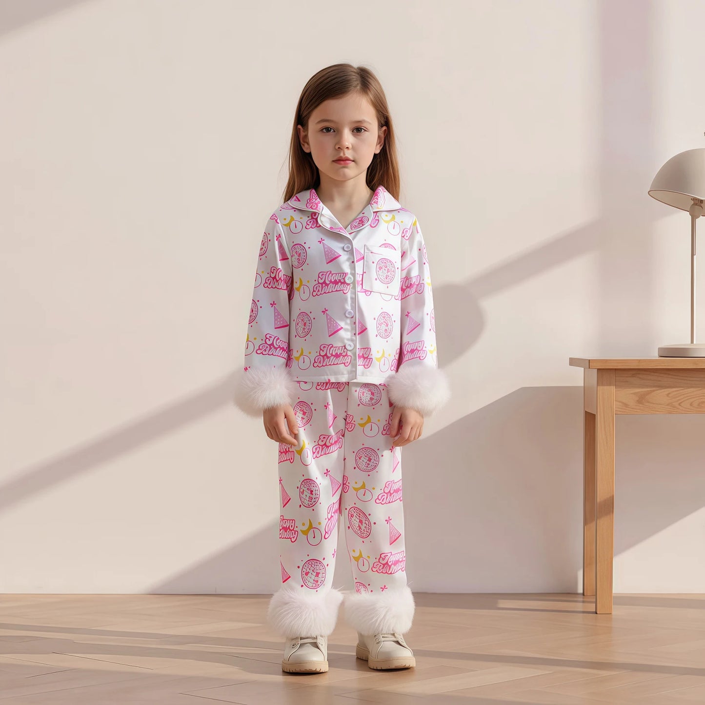 Kids Girls Pyjamas Set - Letter Ball Print Button Down Top & Pants (0-4Y)
