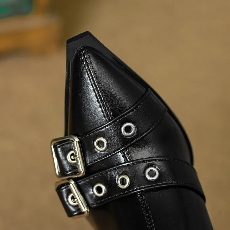 Women's Leather Metal Belt Buckle Short 6cm Square Heel Rivet Boot Back Zipper Boots