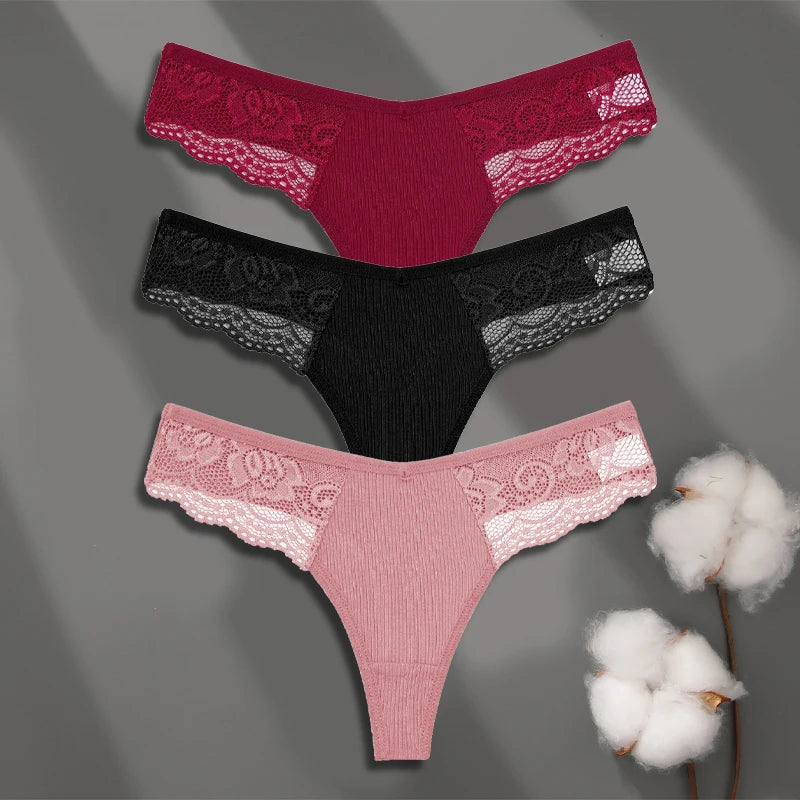 Cotton Lace Thongs - 3 Pack Low Waist Bikini Panties
