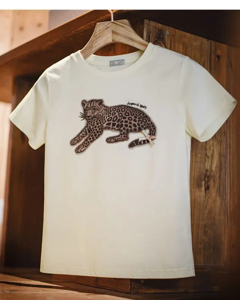 Women's Animal Print Short Sleeve T-Shirt - Vintage Crew Neck Tee
