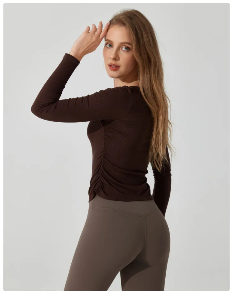 Women's Long Sleeve Yoga Shirt Slim Fit Gym Top Breathable Ribbed Gym Running Top Workout Sportswear