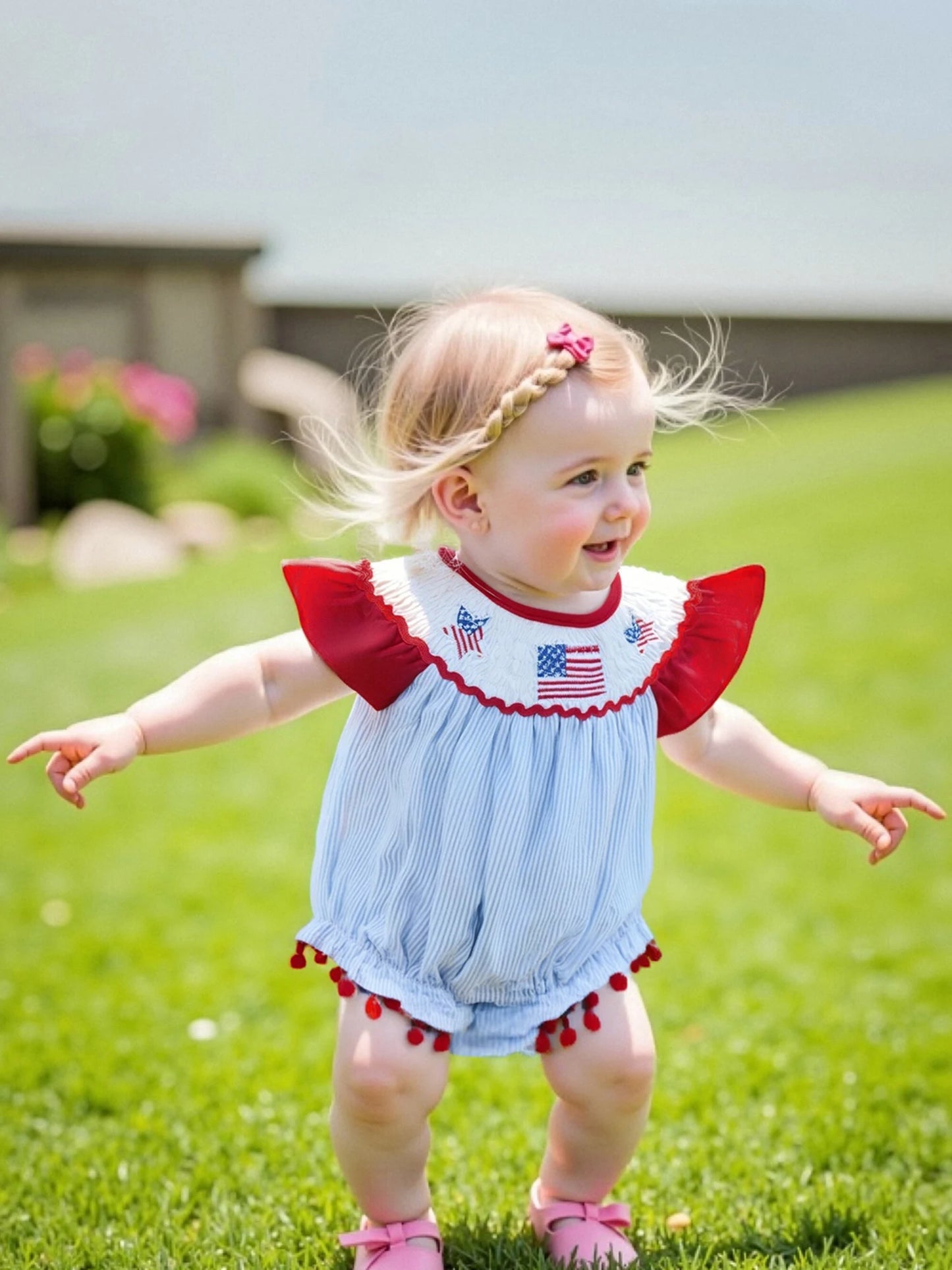 Baby Girls Summer Romper - Ruffles Tassel Flutter Sleeve Striped Flag Embroidery (0-18M)