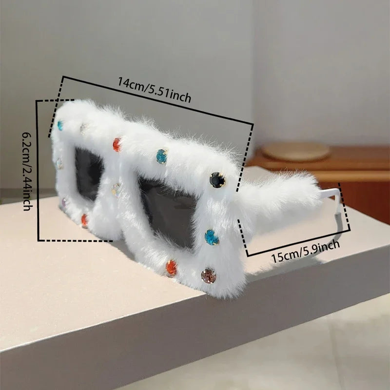 Women's Square Furry Sunglasses with Rhinestones