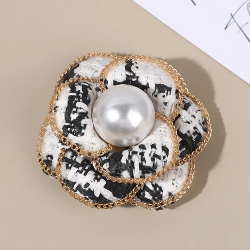 Elegant Fabric Camellia Flower Brooch - Pearl Crystal Lapel Pin for Women