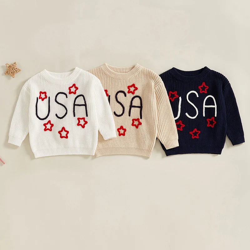 0-5Y USA Kids Boys Girls Sweater Letter Star Embroidery Long Sleeve Crew Neck Knitted Pullover Tops