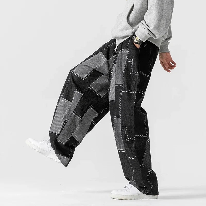 Men's Autumn Winter Loose Patchwork Denim Pants Casual Jean Trousers