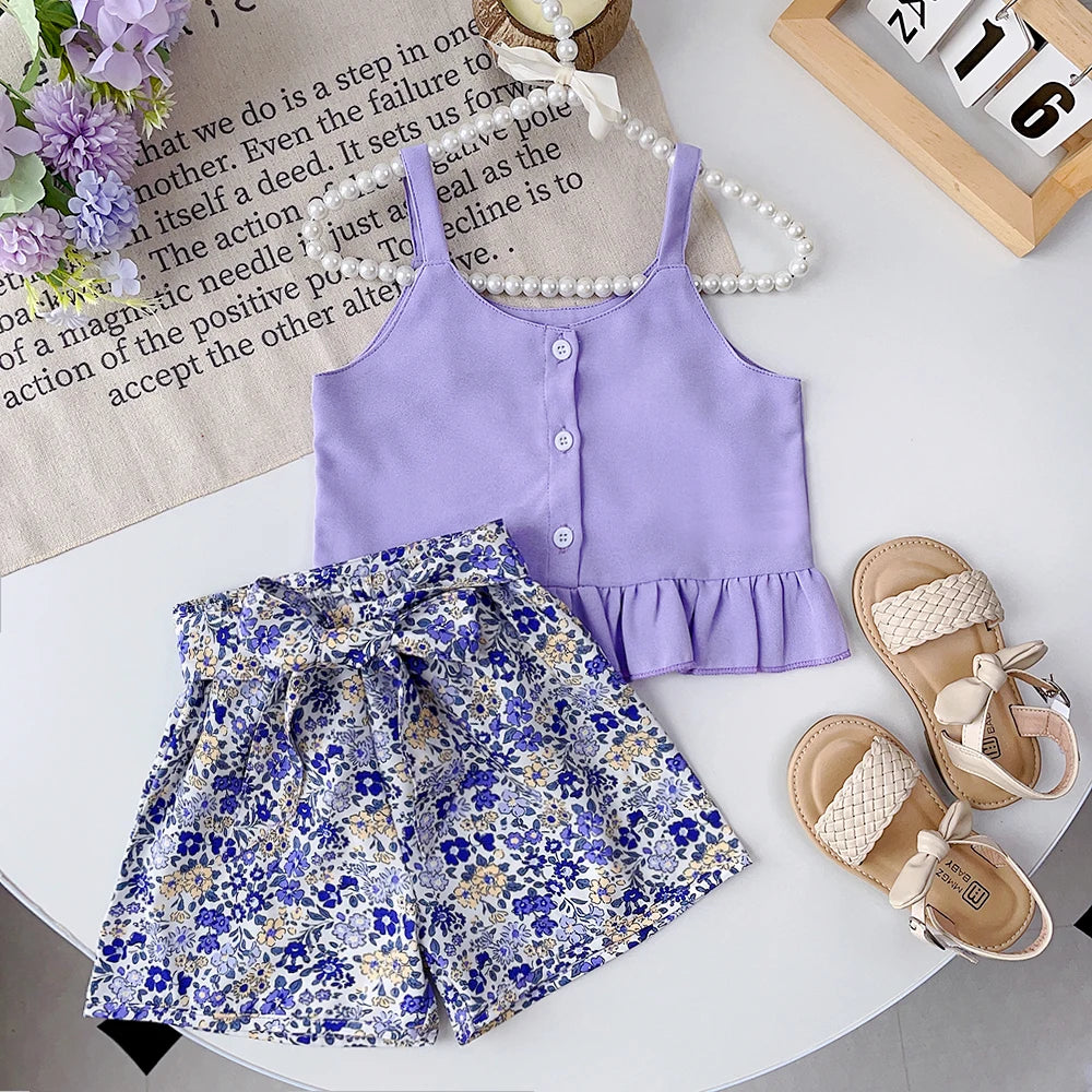 Girls' Summer Outfit Set - Solid Suspender Top with Floral Shorts 2-Piece