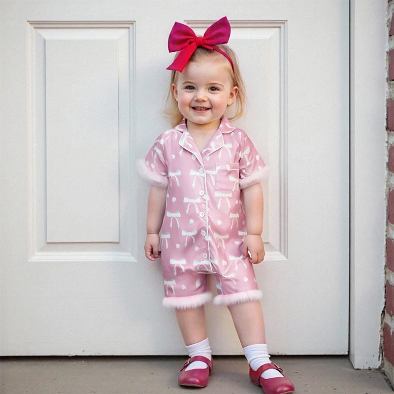 Baby Girls' Satin Romper Pajamas - Bow Print Feather Cuffs Short Sleeve Lapel Jumpsuit