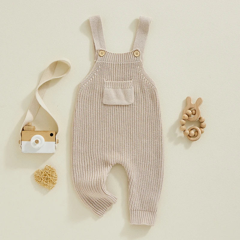 0-3Y Baby Boys Girls Overalls Jumpsuits Sleeveless Front Pocket Solid Colour Knitted Romper Outfit
